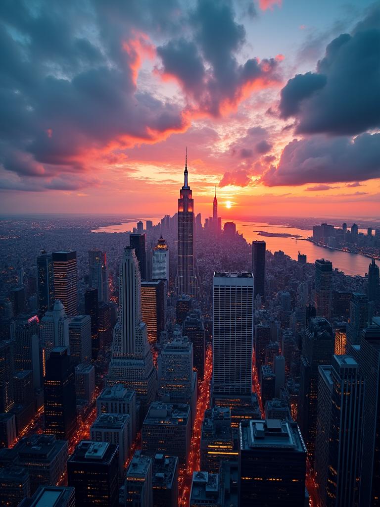 Breathtaking drone photography of a bustling city skyline at dusk.